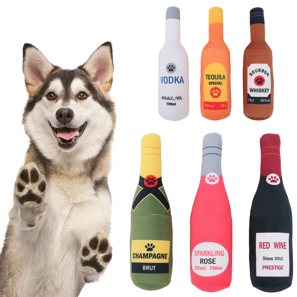 Dog Plush Toys Plush Filled Cocktail Vodka Wine Bottle Creative Pet Toys Champagne Shape Toy Squeaky Bite-Resistant Pet Supplies