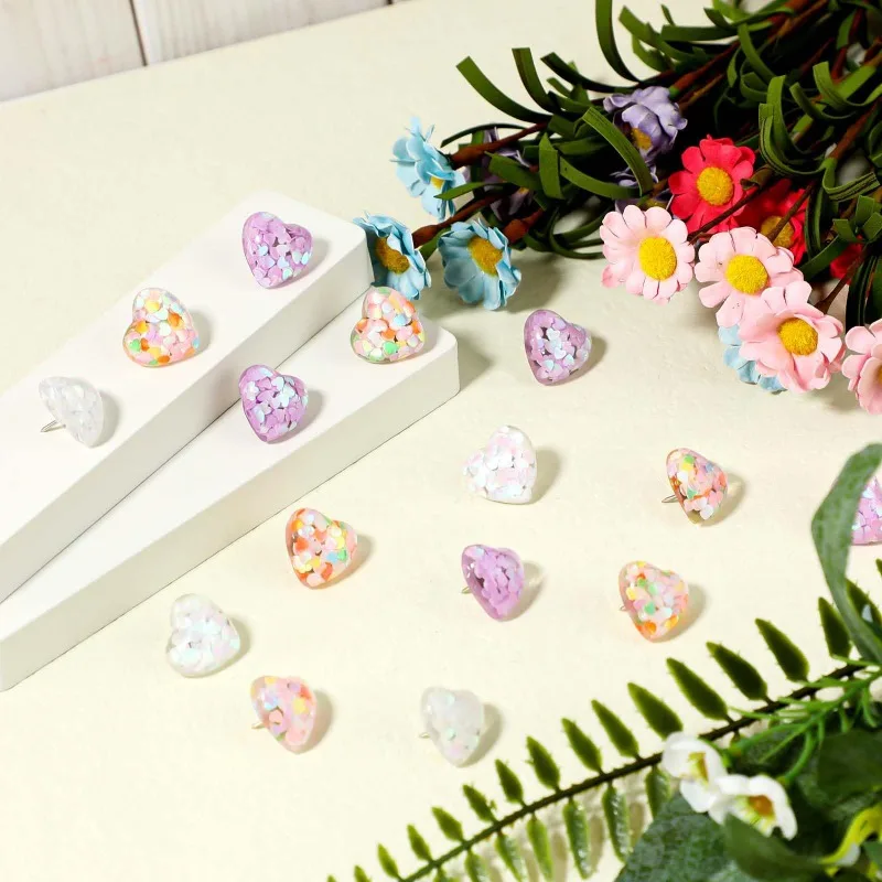 20PCS/set Heart Style Sequin Thumb Tacks Glitter Push Pins for Cork Board Message Board Decorative Map Pins for Bulletin Board