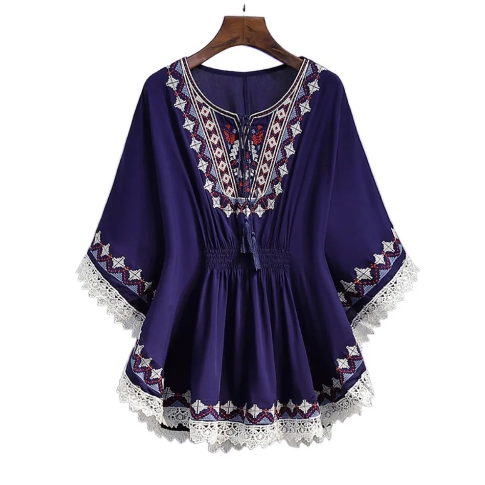 

Simple Lace-up Tassel Bohemian Style T-shirt Loose Round Neck Short Sleeve T Shirt Embroidery Blouses Ethnic Style Tops Summer