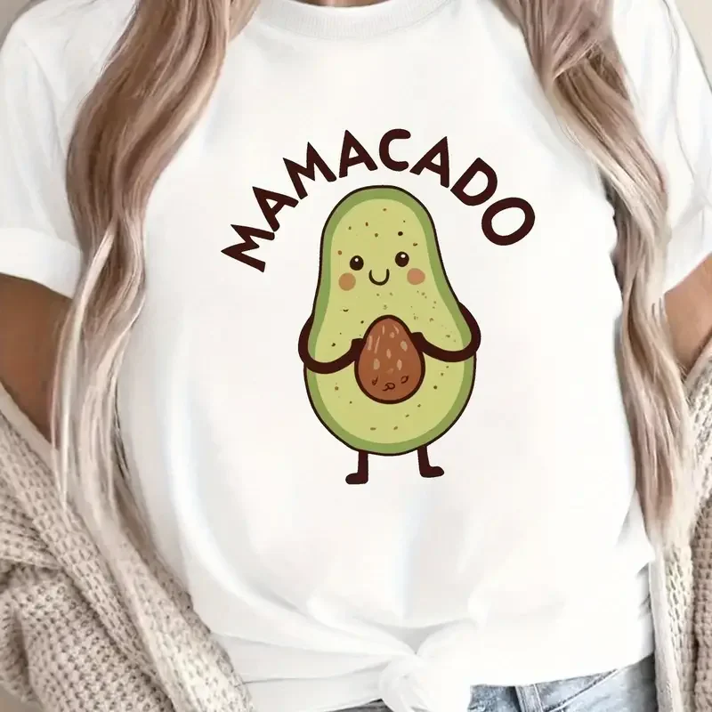 Cartoon Avocado Print Crew Neck T-shirt Casual Short Sleeve Top Summer Women's Clothing Funny Graphic Tees Women T Shirt