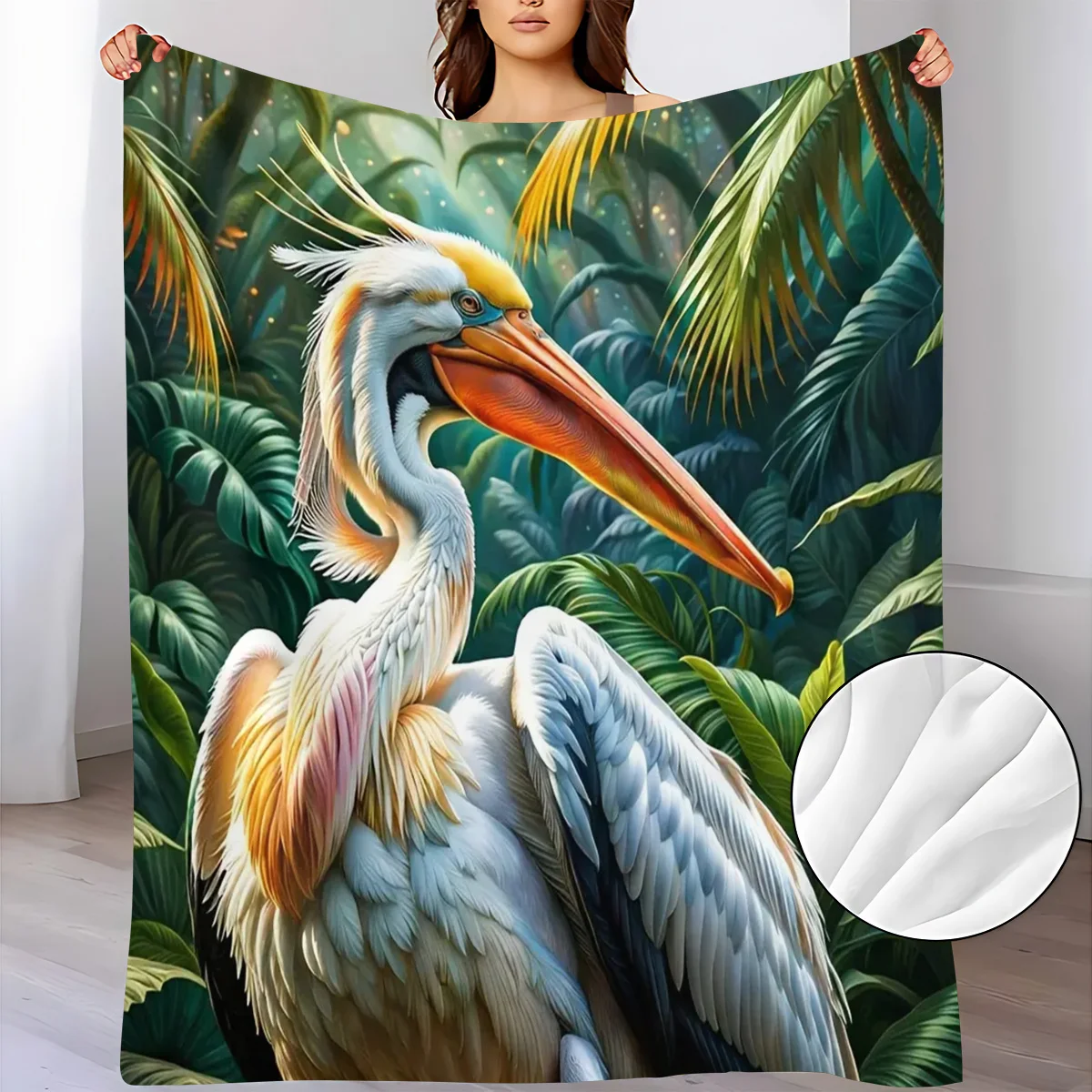 Jungle Pelican Portrait Blanket Exotic Pelican Bird With Colorful Feathers Surrounded By Tropical Palm Foliage Soft Flannel