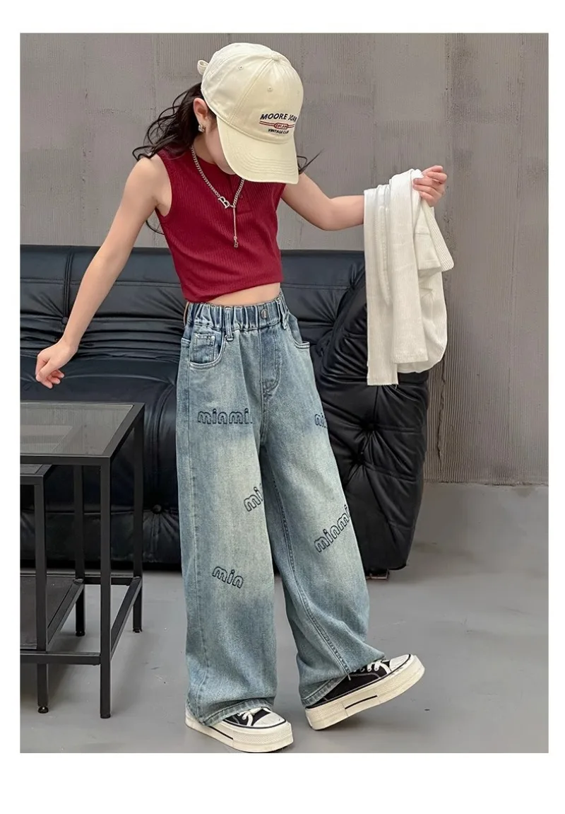 UNITIM Herbst Kinder-Jeans mit Liebes-Stickerei, Gerade Hosen für Junge Mädchen, Lose Elastische Taille, Denim-Hosen für Junge Teenager-Mädchen – Detail 18