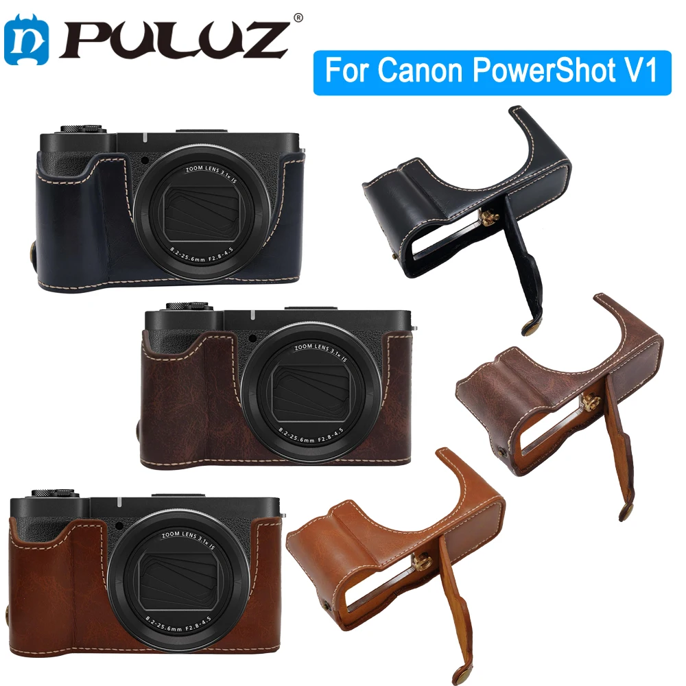 PULUZ PU Leather Camera Half Case For Canon PowerShot V1 2025 Video Camera 1/4 inch Screw Bottom Base