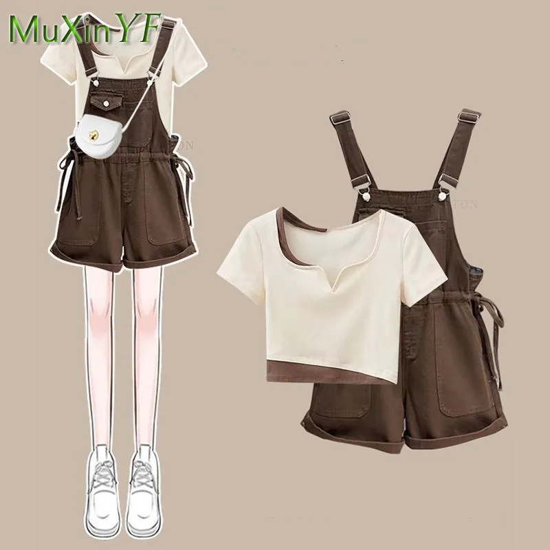 

Girl 2025 Summer New Fashion In Denim Shorts Matching Set Korean Elegant Vinatge Short Sleeve T-shirt+Strap Pants Two Piece Suit