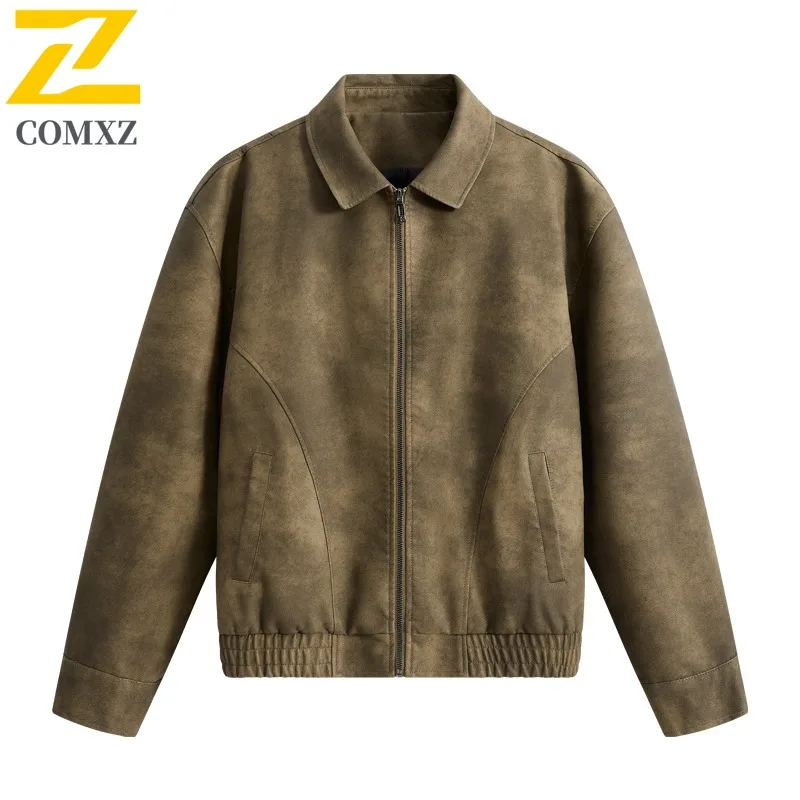 

COMXZ Outdoor Cycling Mens Leather Jacket Stand Collar Comfortable Coat Premium Solid Color Travel Lightweight Autumn Clothing