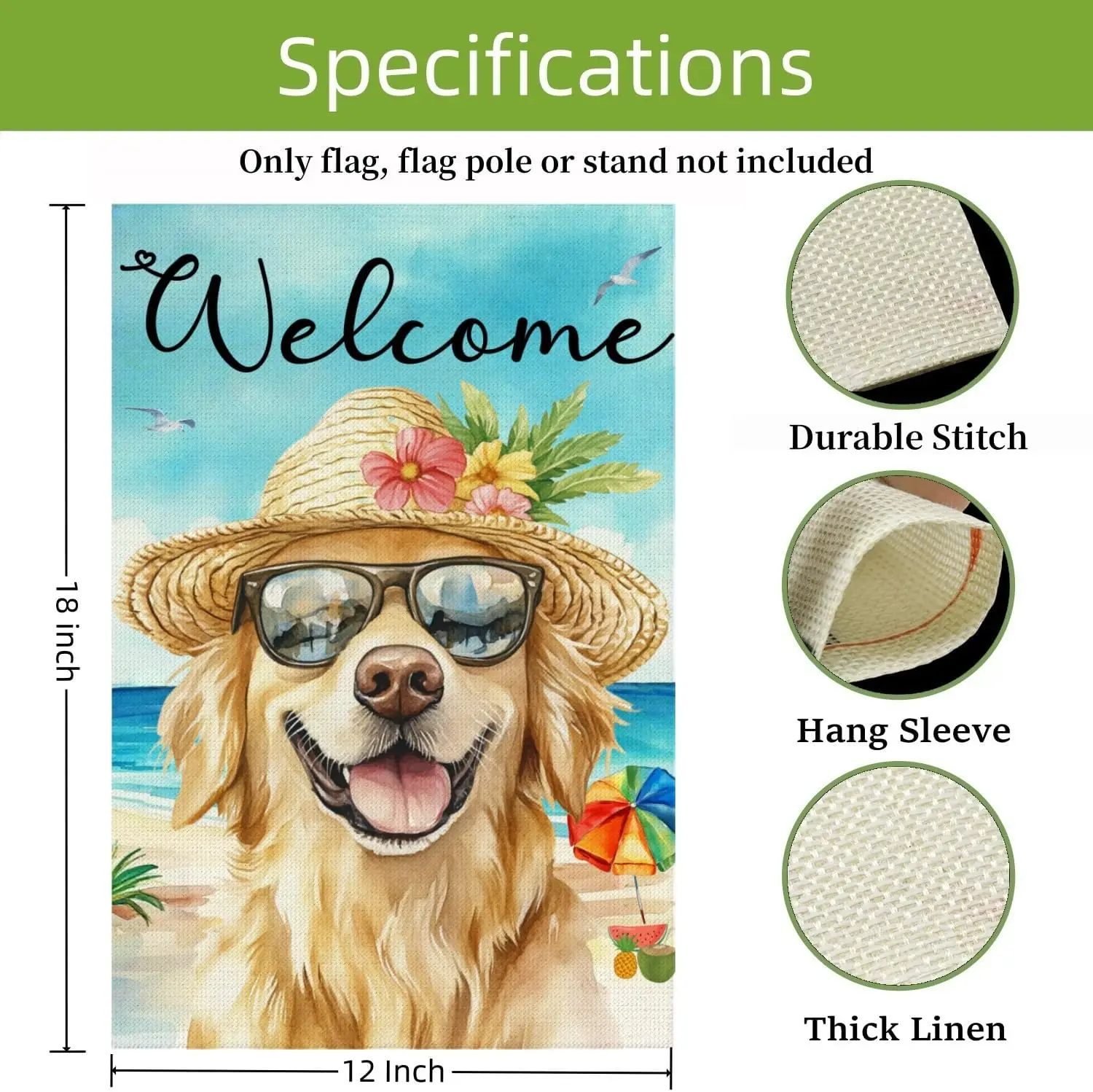 Cute Dog Welcome Garden Flag, 12 x 18 Inch Burlap Double Side Printed, Golden Retriever on Summer Beach Farmhouse Lawn Yard  SSL
