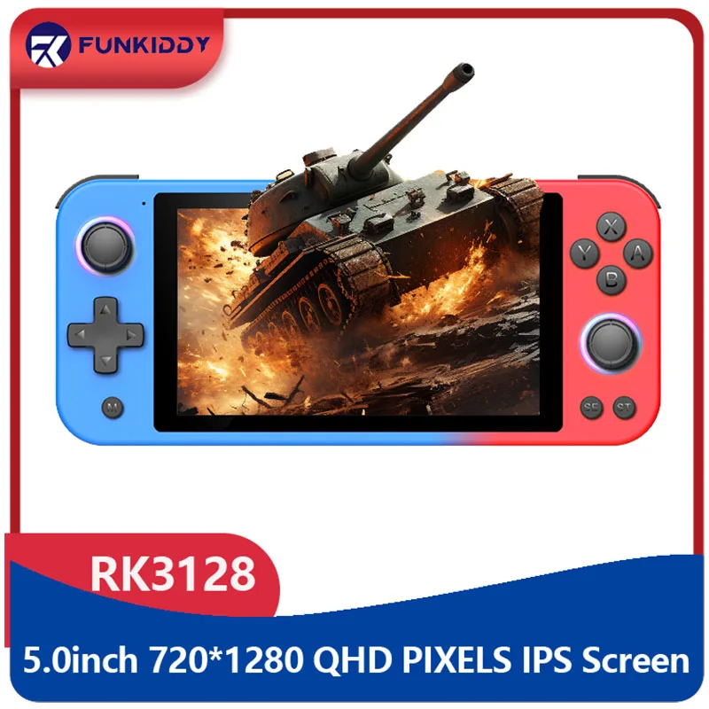 

NEW R50S Handheld Game Console RK3128 ARM Cortex-A7 Quad-core 64 Bit Built-in 128G 20000+ Games 5.0 Inch QHD Screen Blue and Red