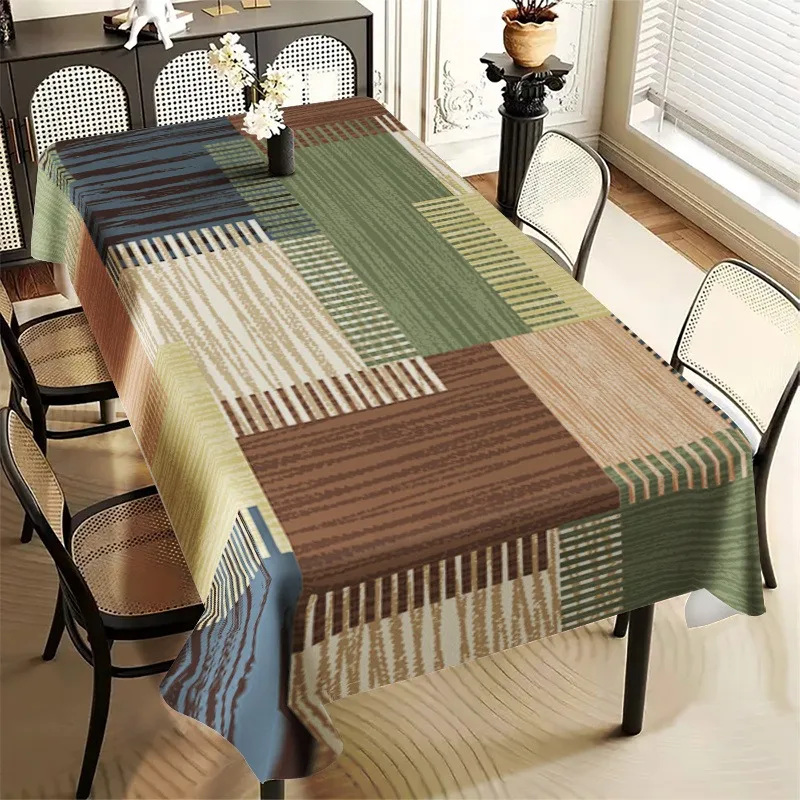 Polyester tablecloth - a perfect gift. Brown and green stripes are combined to form a pattern.