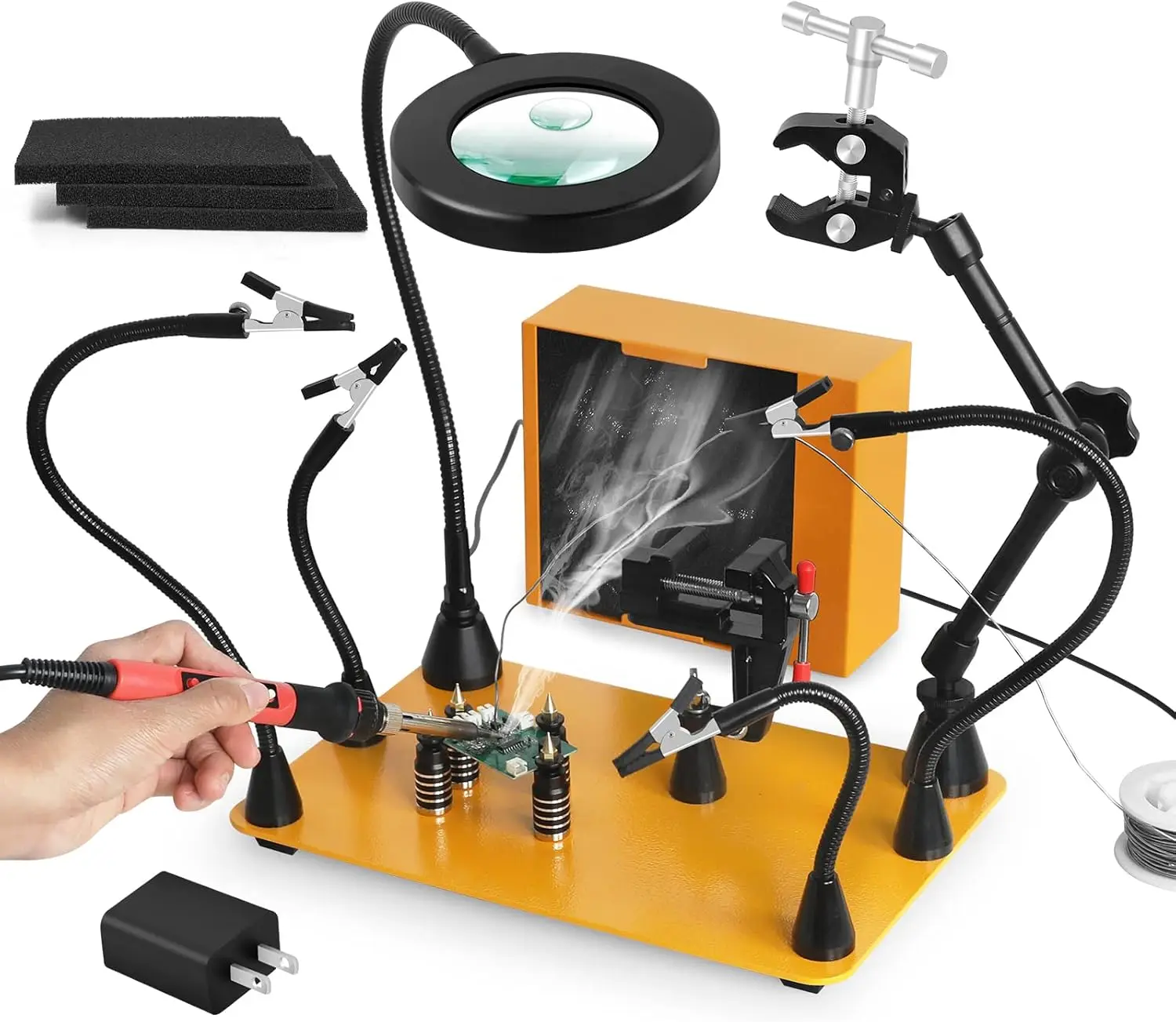 netic Helping Hands Soldering Third Hand With 3X & 6X Led Magnifying Lamp, Hot Air Gun Holder,12V Solder Fume Extractor,