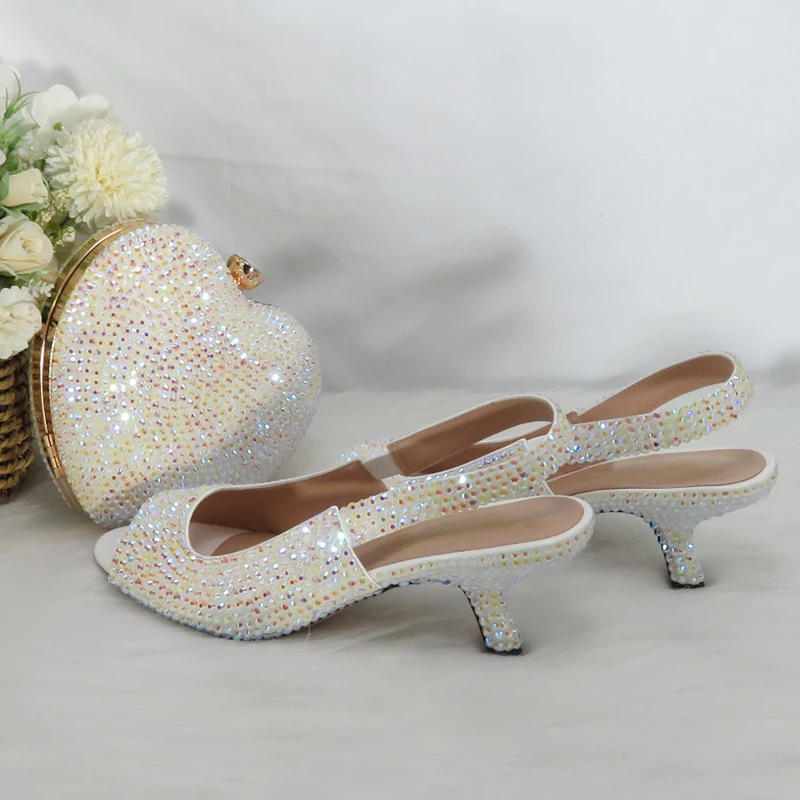 

New Arrival bridal Shoes AB bling Open Toe Wedding Shoes and bag Woman High Pumps Thin Heel Lady Party Shoes woman Slingbacks