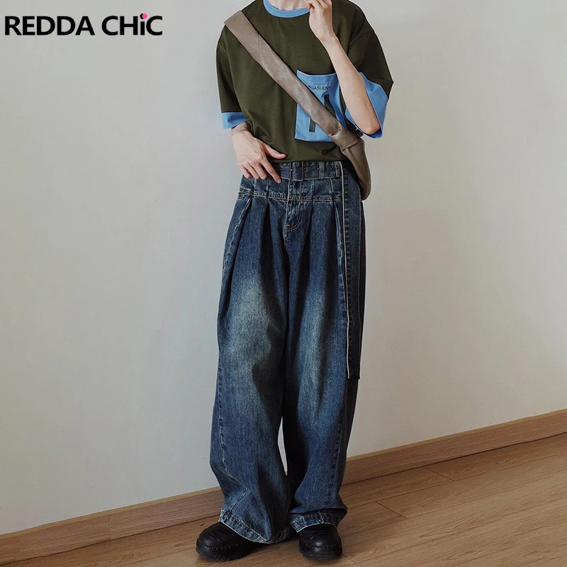 REDDACHIC Men Self-belt Pleated Denim Wide Pants Blue Washed High Waist Distressed Casual Baggy Jeans Korean Vintage Streetwear