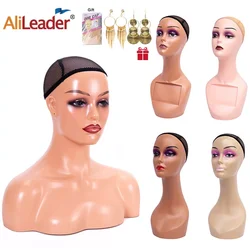 Testa realistica del manichino femminile con la testa del manichino della spalla busto parrucca testa per Display parrucche collana orecchini cappello marrone scuro