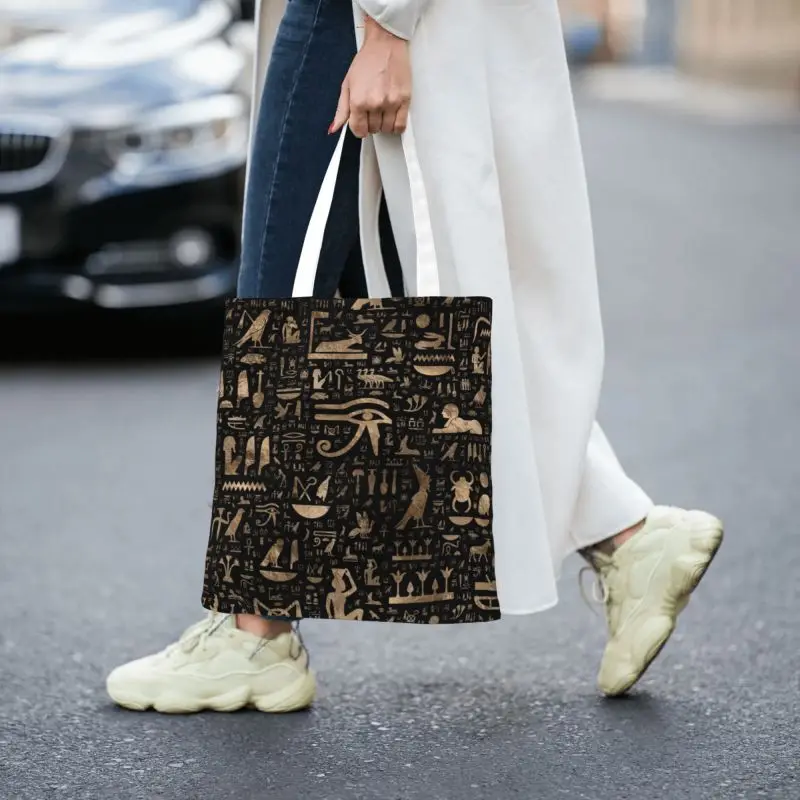 Ancient Egyptian Hieroglyphs Grocery Shopping Bag Custom Printing Canvas Shopper Tote Shoulder Bags Egypt Culture Handbag