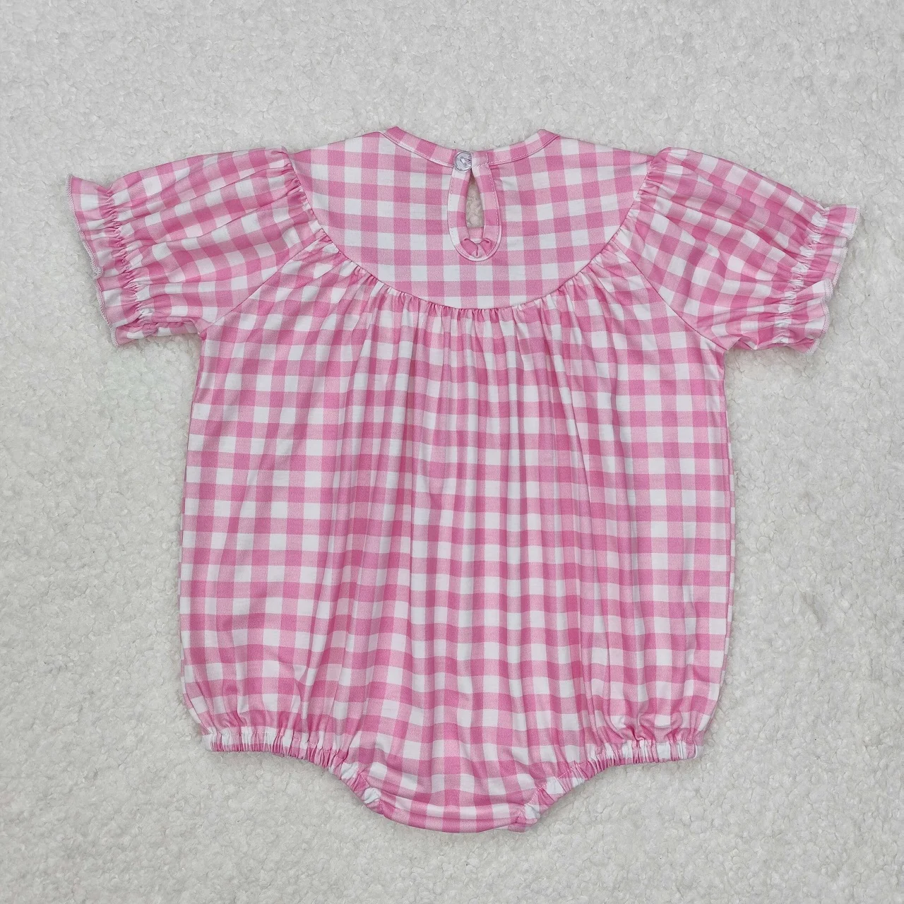 Wholesale Kids Embroidery Bows Bubble Newborn Coverall Bodysuit Children Short Sleeves Checked Toddler Baby Girl Smocked Romper