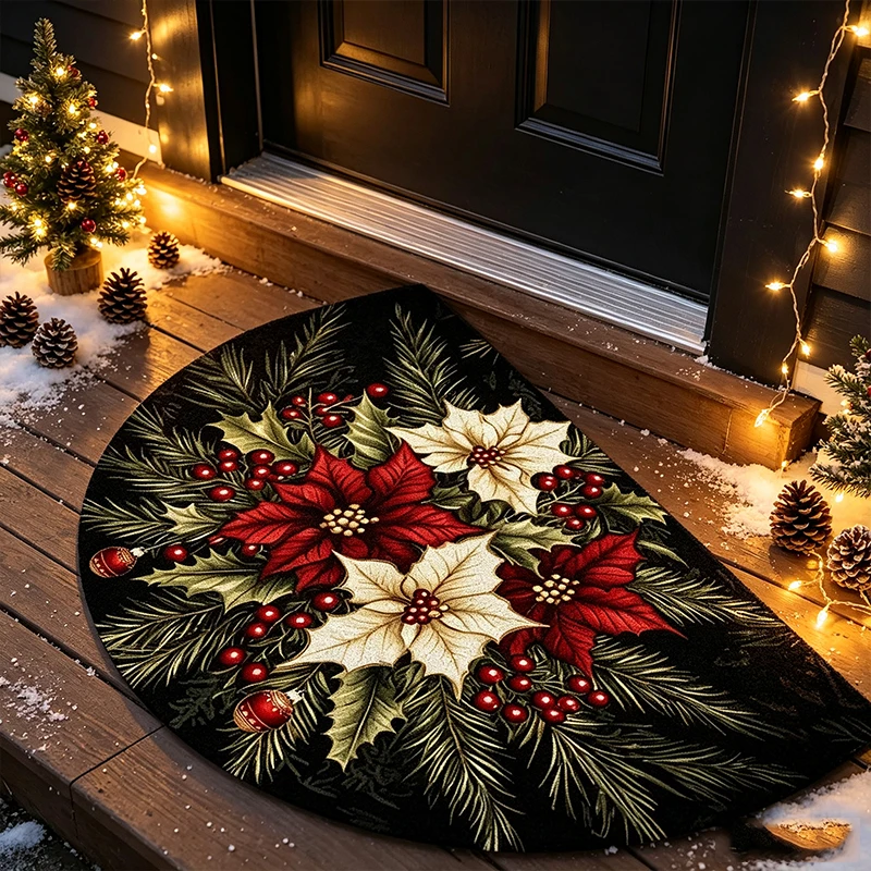 Half-Round Halloween Welcome Doormat Holly Berries & Yellow Floral Festival Floor Mat Rug for Entryway, Bathroom Home Decor