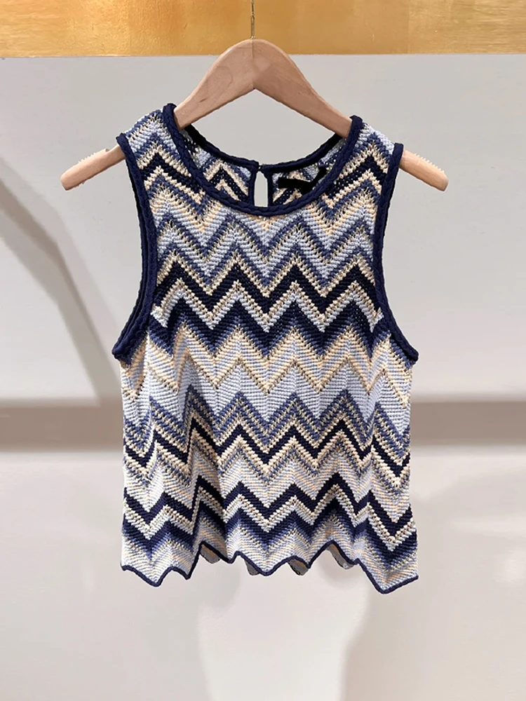 

M Home Nan You High End Women's Summer Gentle Wind Stripe Knitted Tube Top Vest Top Hollow out Commute Sle ort Length