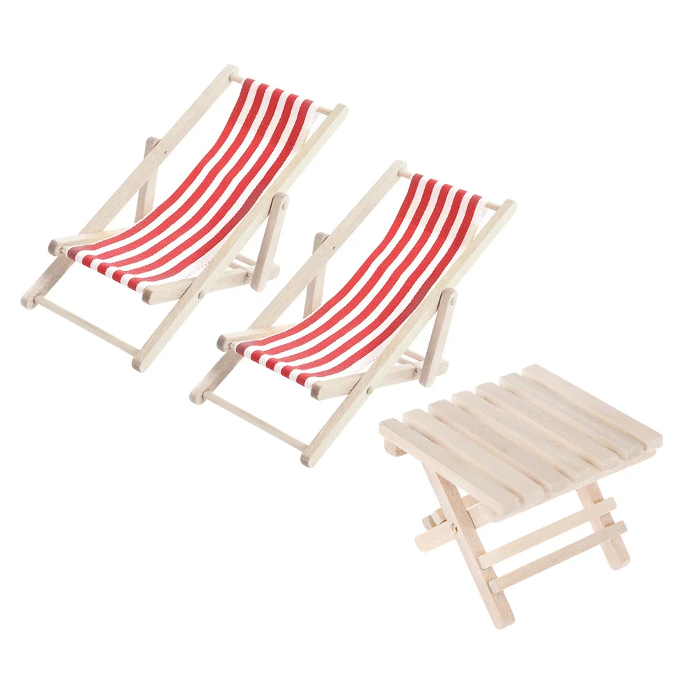 1 Set 1/12 Mini House Miniature Furniture Model Wooden Lounge Chair Beach Chair Set for Kids (Red 2pcs Lounge Chair and 1pc Fold