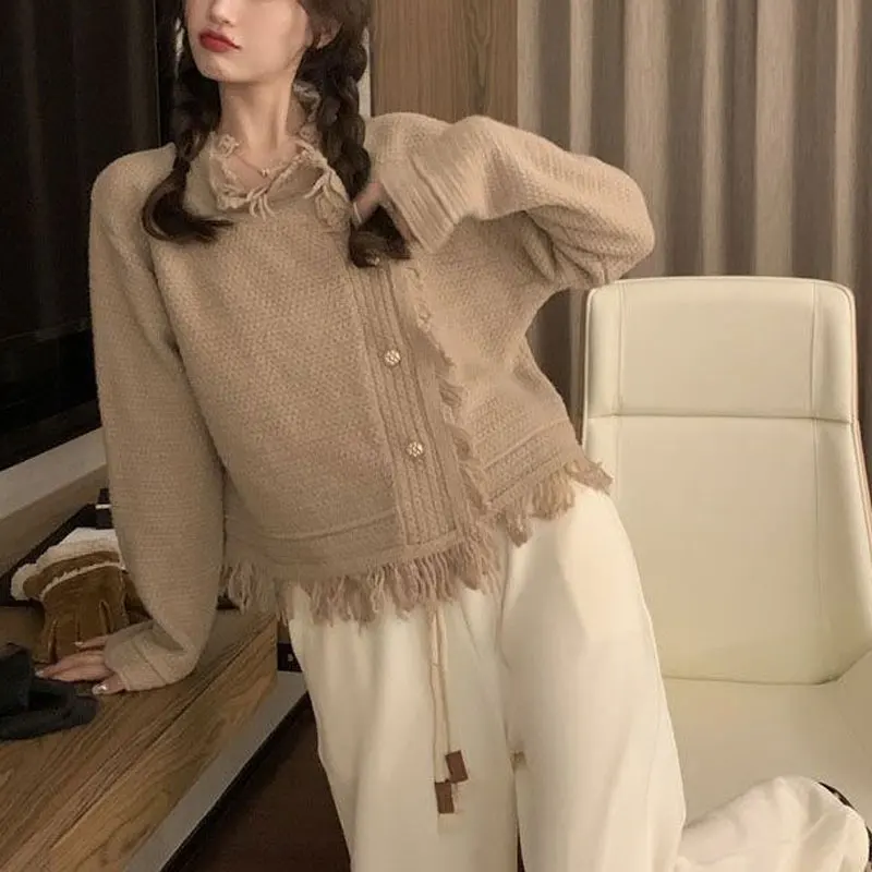 Stylish Tassel Loose Knitted Sweaters Female Clothing Casual Solid Color Autumn Winter O-Neck Commute Single-breasted Cardigan