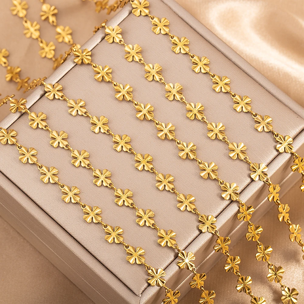 Chaînes à fleurs dorées en acier inoxydable de 0.5/1 mètre, chaîne trèfle à quatre feuilles pour la fabrication de bijoux, collier, Bracelet, accessoires artisanaux