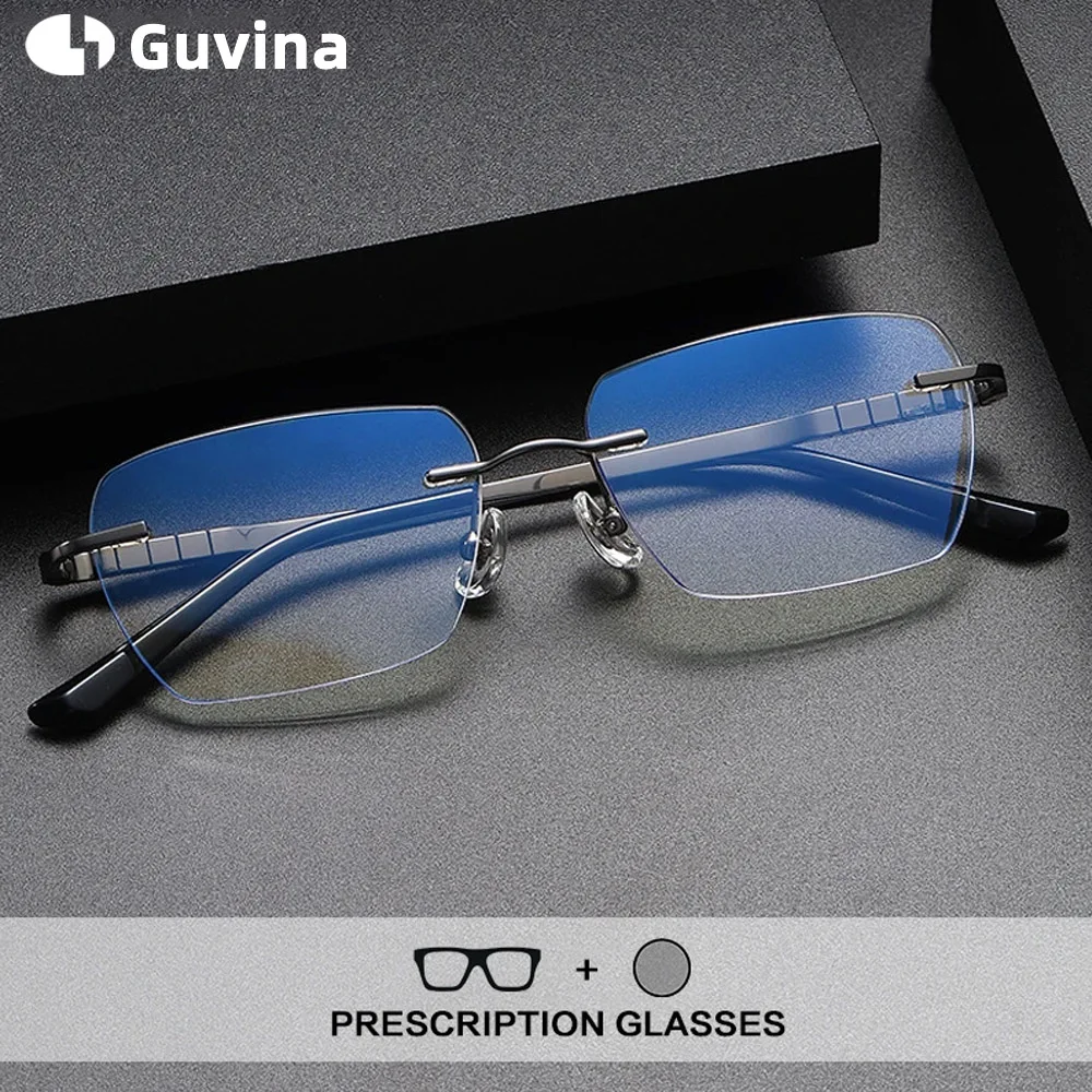 

Titanium Rimless Reading Glasses Men Square Anti Blue Light Photochromic Frameless Glasses Frame Prescription Multifocal Eyewear