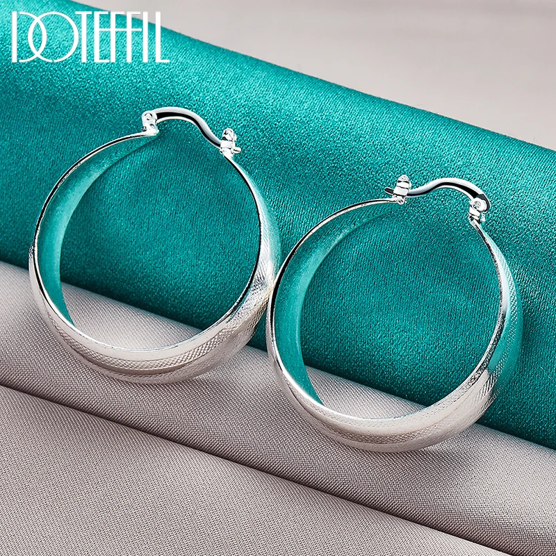 DOTEFFIL 925 Sterling Silver Matte Parallel Smooth Hoop Earring For Woman Wedding Engagement Party Fashion Charm Jewelry