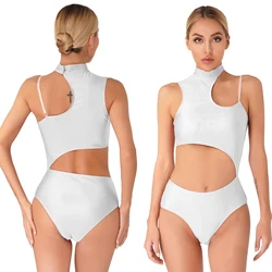 Womens Figure Skating Costume Ballet Dance Gymnastics Acrobatics Leotard Sleeveless Shiny Rhinestone Cutout Bodysuit Dancewear