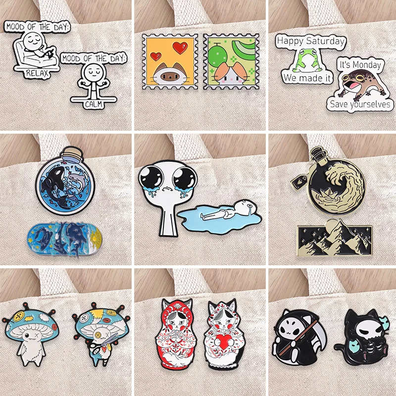 2pcs-set Cute Cartoon Enamel Badge Funny Meme Style Pin Crying Figure Cat Stamp Frog Weekend Metal Brooch Lapel Accessory Gift