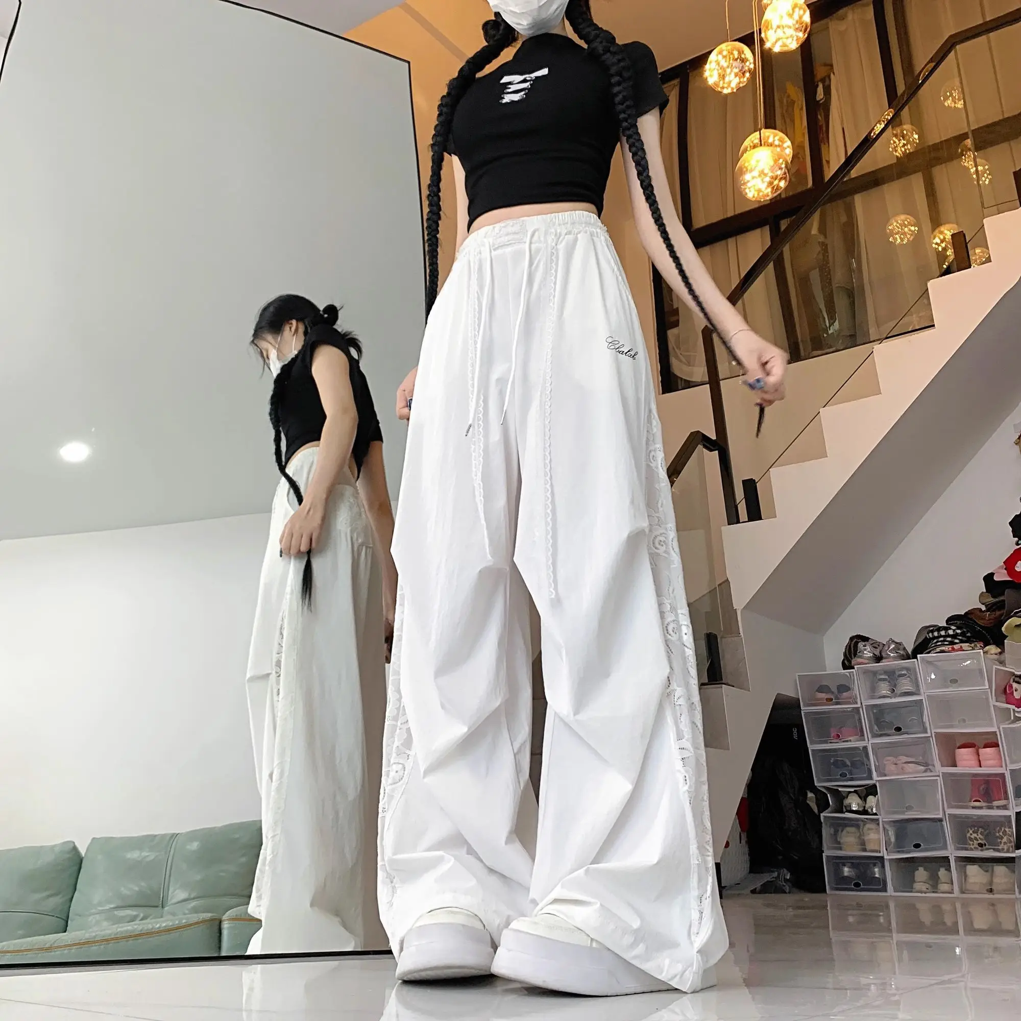 

Large Size 300 Pou Lace Splicing Pleated Workwear Wide Leg Pants Men Women Summer Thin Cool Straight Casual Pants