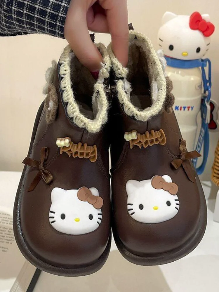 سانريو مرحبا كيتي الفتيات أحذية قصيرة أحذية الأميرة البيج القوس اللؤلؤ القطن أحذية الخريف الشتاء الأحذية الجلدية الناعمة للأطفال