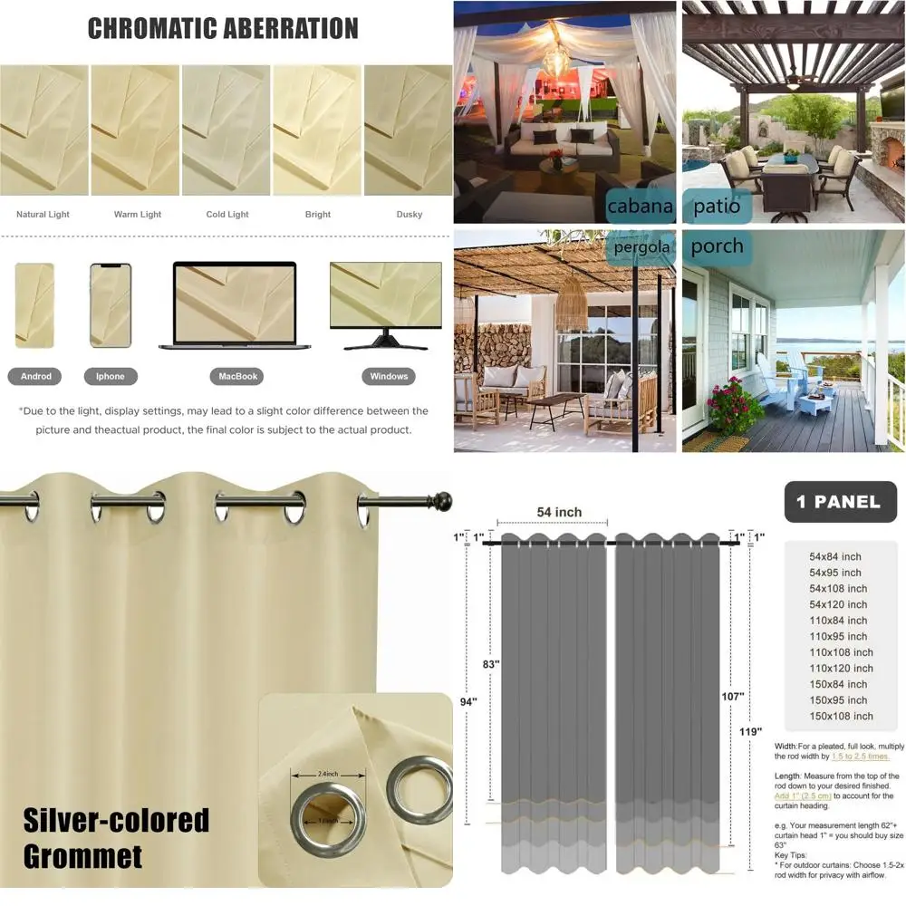 

Wide Waterproof Outdoor Curtains for Patio Heavy Privacy Light Filtering Grommet Outside Curtains for Porch, Pergola, Gazebo, 1