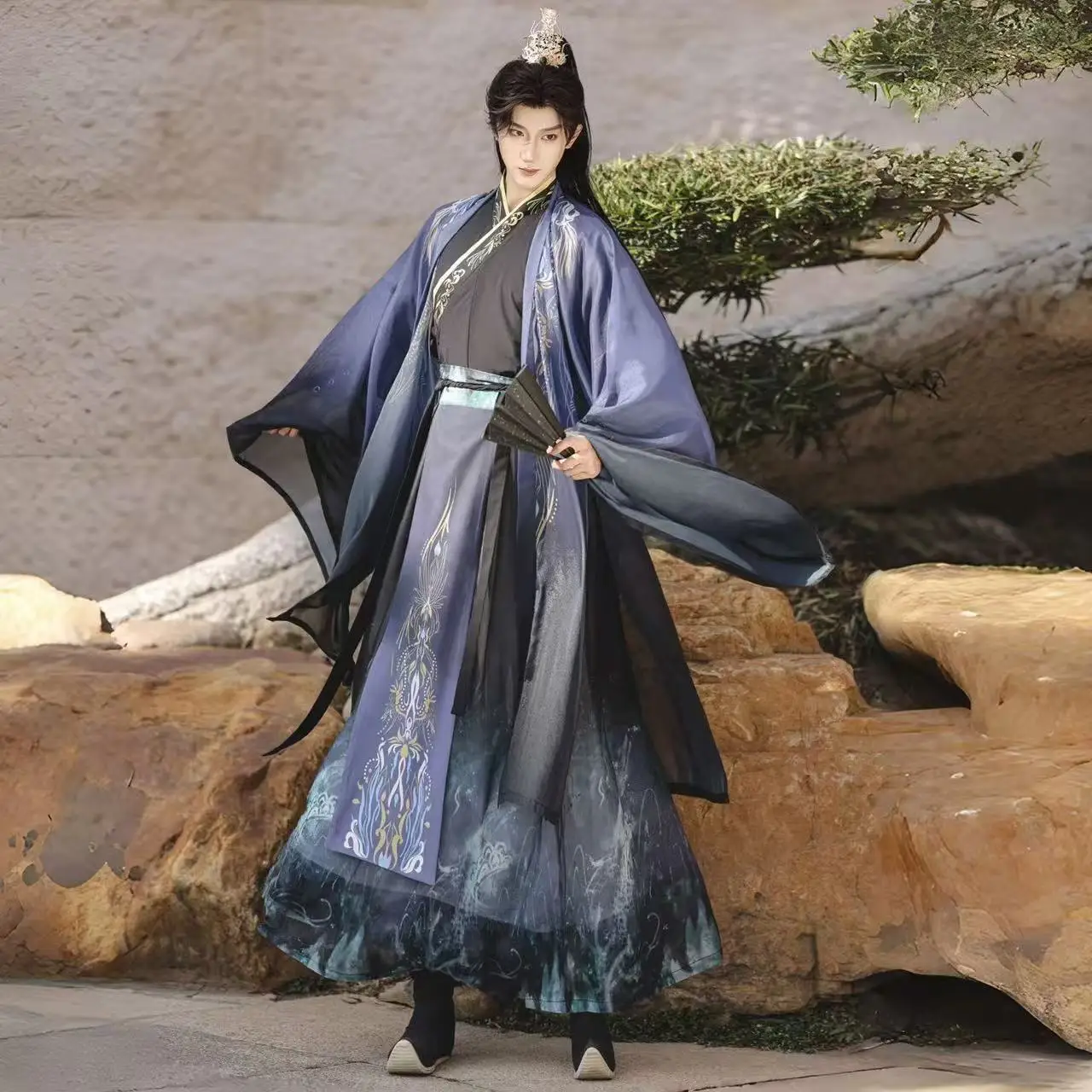 Vintage Wuxia Hanfu Men's Traditional Chinese Clothing Weijin Period Cross Collar Printing Long Robe Students Stage Performance
