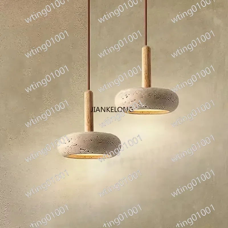 for JKL Wabi-Sabi Yellow Travertine Pendant Light Nordic Round Stone Wood Hanging Lamp Kitchen Island Bedroom Bedside Decor