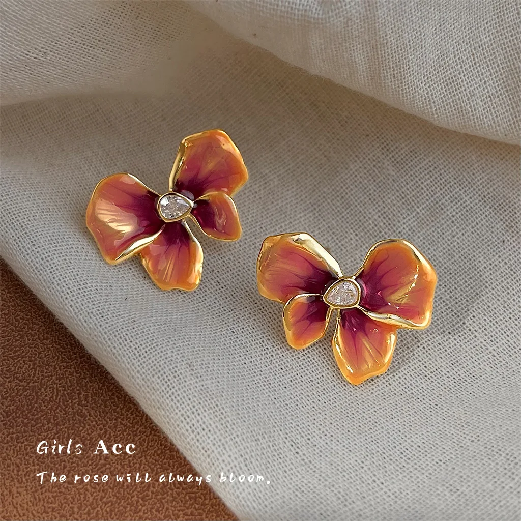 

Women Gradient Enamel Glaze Phalaenopsis Earrings Light Luxury Water Drop Zircon Ear Studs French Retro Flower Ear Jewelry