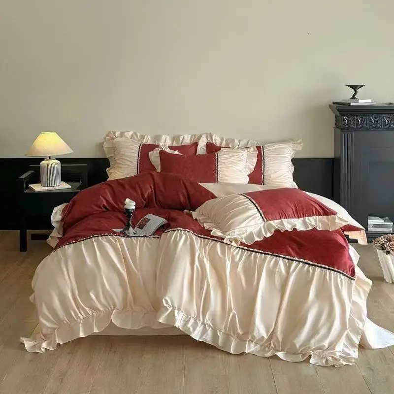 4pcs Red Wedding Lace Bedding Set Queen King Size Luxury Jacquard Duvet Cover Bed Sheet Pillowcase Four Piece Bed-linens