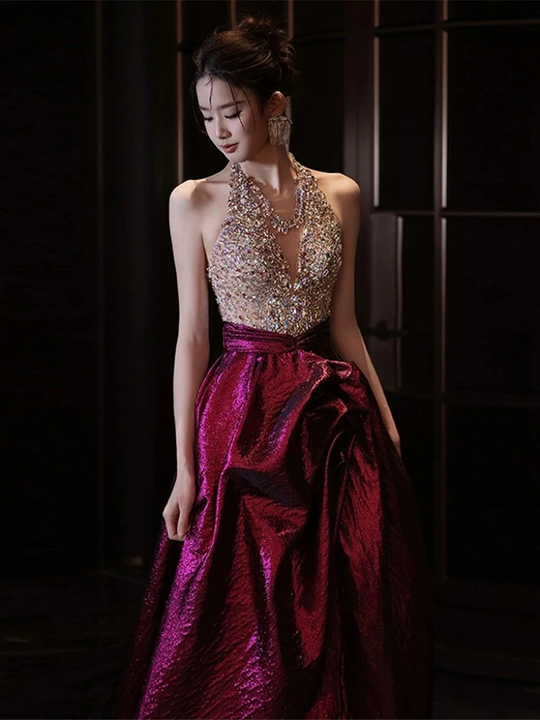 Satin Silk Evening Dresses Rose Pink Split Beading Sleeveless Backless Floor Length Sequins Luxury Formal Party Evening Gowns