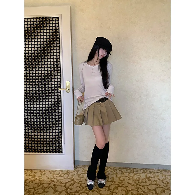 

Вязаная футболка Boamarket с длинным рукавом и буквенным принтом, базовый слой, повседневный топ для молодых женщин, круглый вырез, осенняя одежда