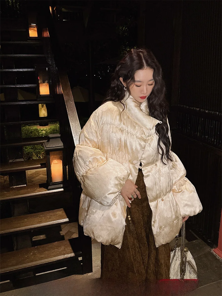 

Sanji Bla Flower New Chinese Sle Design Bubble Sve down Jaet Women's Winter Outerwear Commute Sle Polyester Fabric