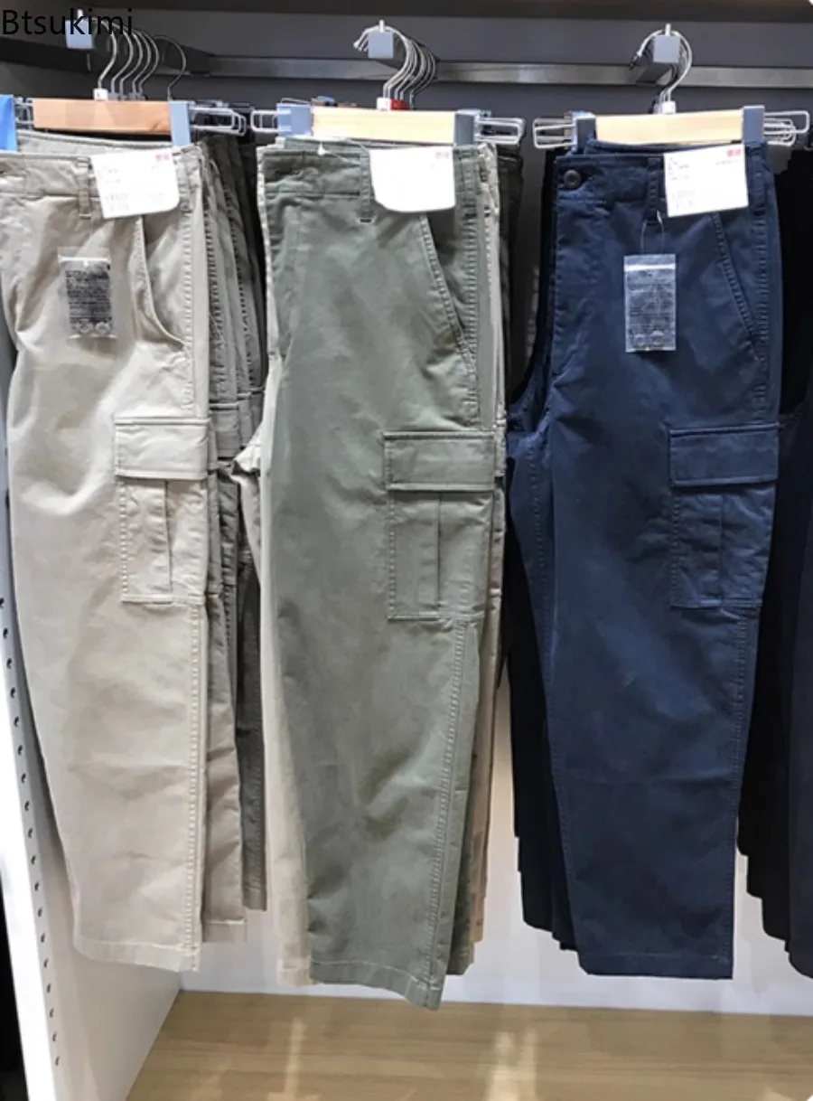 Casual Washed Cotton Elasticity Loose Cargo Pants Multi Pockets Straight Men Pants Solid Leisure Spring Trousers for Daily Wear