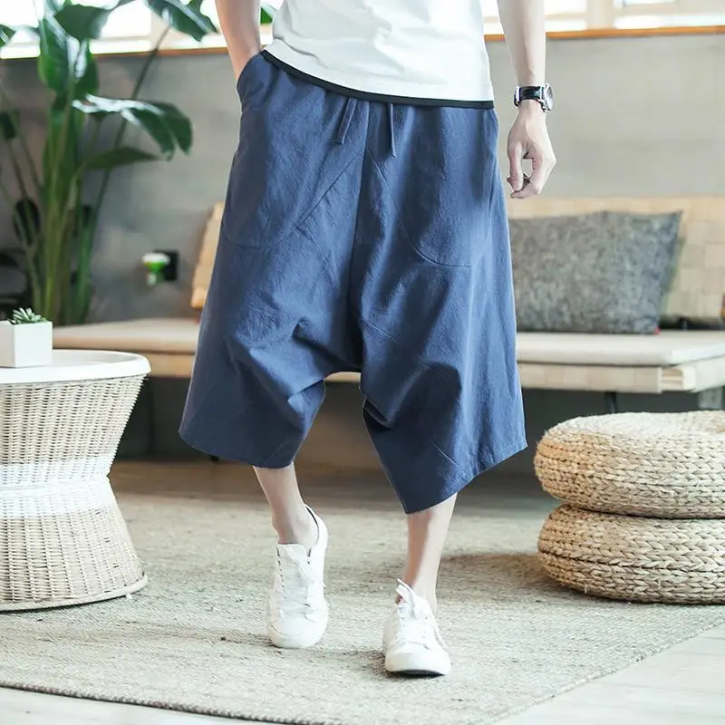Wide-Leg Pants Bloomers Men's Overweight  Loose Cotton Linen Shorts Cropped Pants Summer