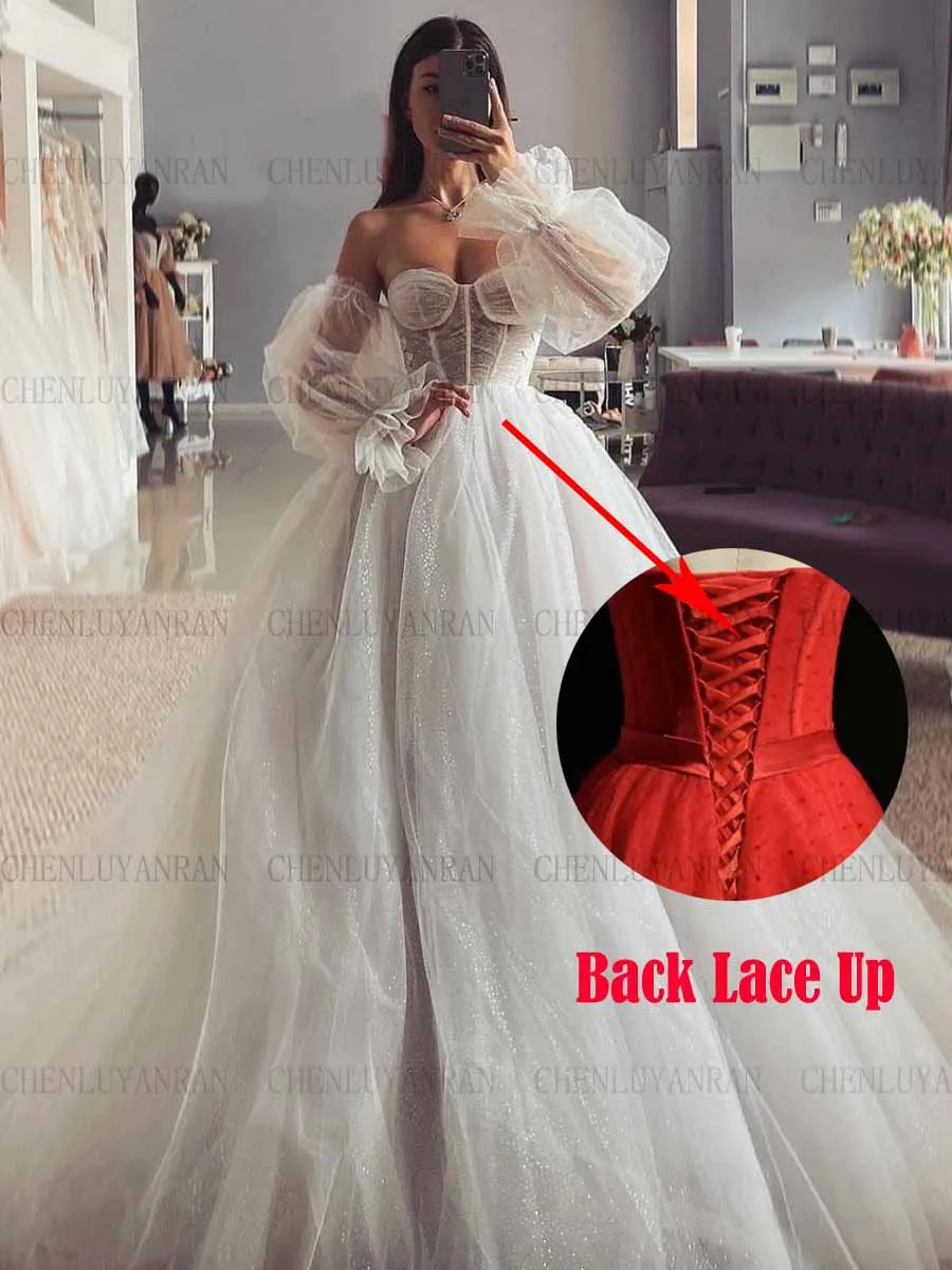 Vestido de novia largo plisado con purpurina para mujer, vestidos de novia con escote Corazón, Mangas desmontables