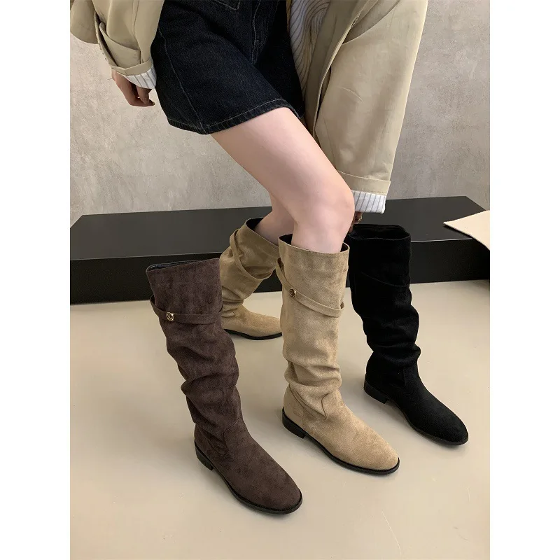 Suede skinny boots pile up knight boots women's 2025 new autumn and winter high cut thick heeled long boots