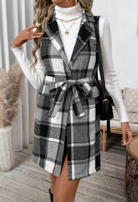 

Autumn Casual Commuting Retro Style Lace Up Lapel Plaid Women's Vest Jacket Elegant Plaid Printed Sleeveless Woolen Vest Coat