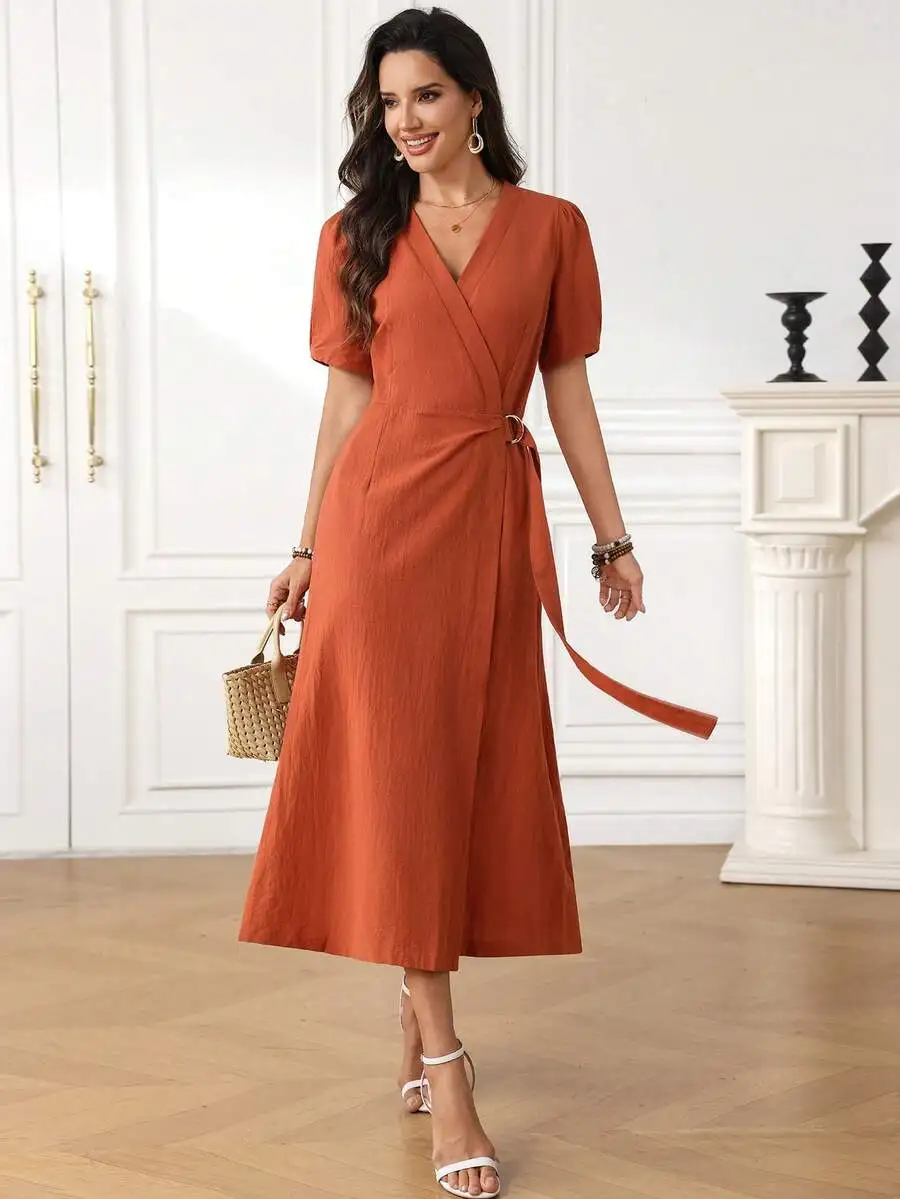 

Women Solid Color Overlapping V-Neck Short Sleeve Wrap Midi Dress Casual Summer Vacation Outfit