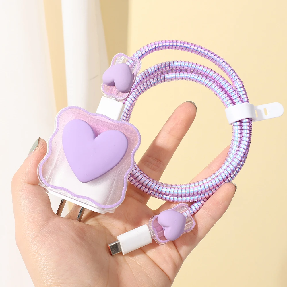 3D Gradient Color Mobile Phone Charger Protective Case Cable Winder Cute Heart Shaped Charger Head Protector for Apple 18/20W