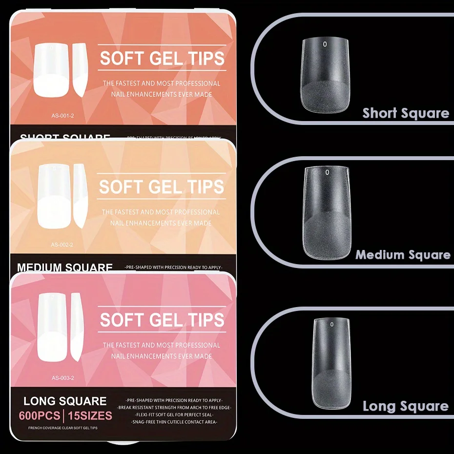 600 PCS Matte กดบนเล็บเคล็ดลับเล็บปลอม 15 ขนาดอะคริลิคสั้นสแควร์ Soak Off GEL เคล็ดลับเล็บปลอมสําหรับ DIY Salon