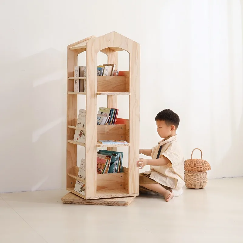 Rotating bookshelf 360-degree solid wood vertical rotating floor  reading area bookcase children's picture book shelf