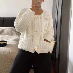 Metallic Gold Button Chunky Knit cardigan for Women Cosy Long Sleeve Pocket Front Crop Cardi Sweater Jacket Autumn Winter