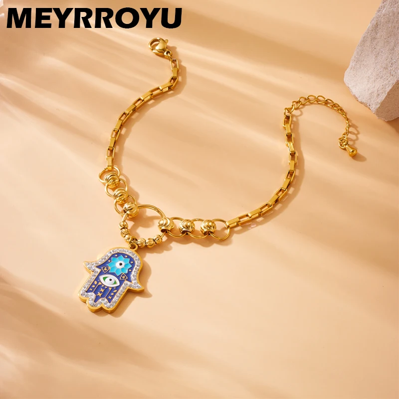 MEYRROYU 316L Stainless Steel Hamasa Hand Enamel Charm Bracelet Crystal Inlay Luck Hand Pendant Bangle Women Luxurious Jewelry