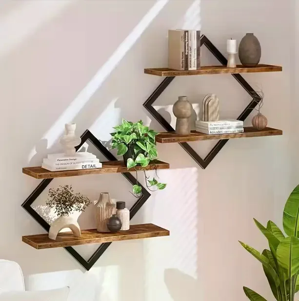 Rustic Brown 2-Layer Geometric Diamond Floating Shelf Set - Industrial Metal Wire & Wooden Shelves, Minimalist Artistic House Decor, Suitable for Living Room, Kitchen, Storage