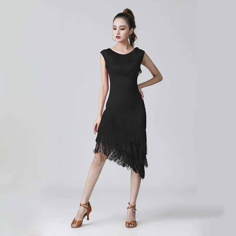 Latin Dance Performs in Black Pool Competition Clothing for Female Adults New Sexy Tassel Dresses Industry Sleeveless